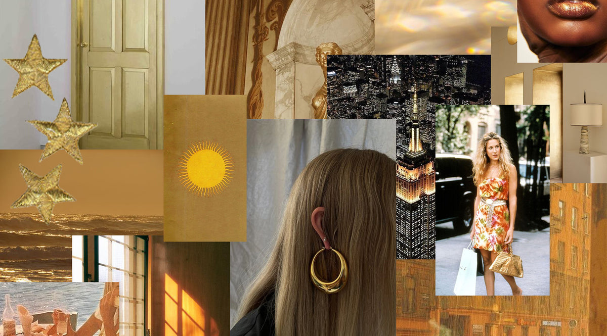 Collage of gold and beige-toned images, including stars, sun, cityscape, ocean, a woman with long blonde hair and gold hoop earrings, a woman in a floral dress, and various abstract patterns and textures.