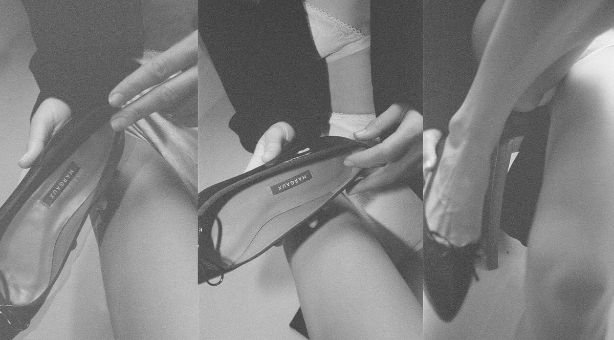 A black and white triptych photo showing close-ups of a person wearing lingerie, holding and slipping on a pair of pointed-toe shoes labeled Margaux. The focus is on the hands, shoes, and upper thighs.