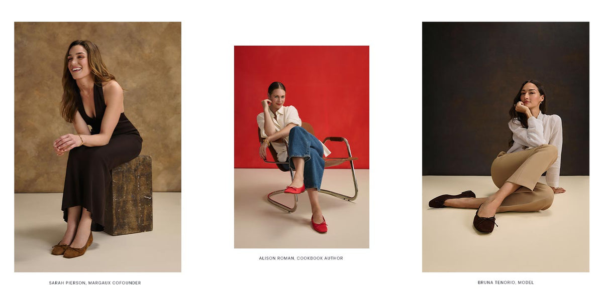 Three women sit separately against different backgrounds, each wearing stylish flats. The left woman sits on a stool smiling, the center woman sits on a chair crossing her legs, and the right woman sits on the floor thoughtfully.