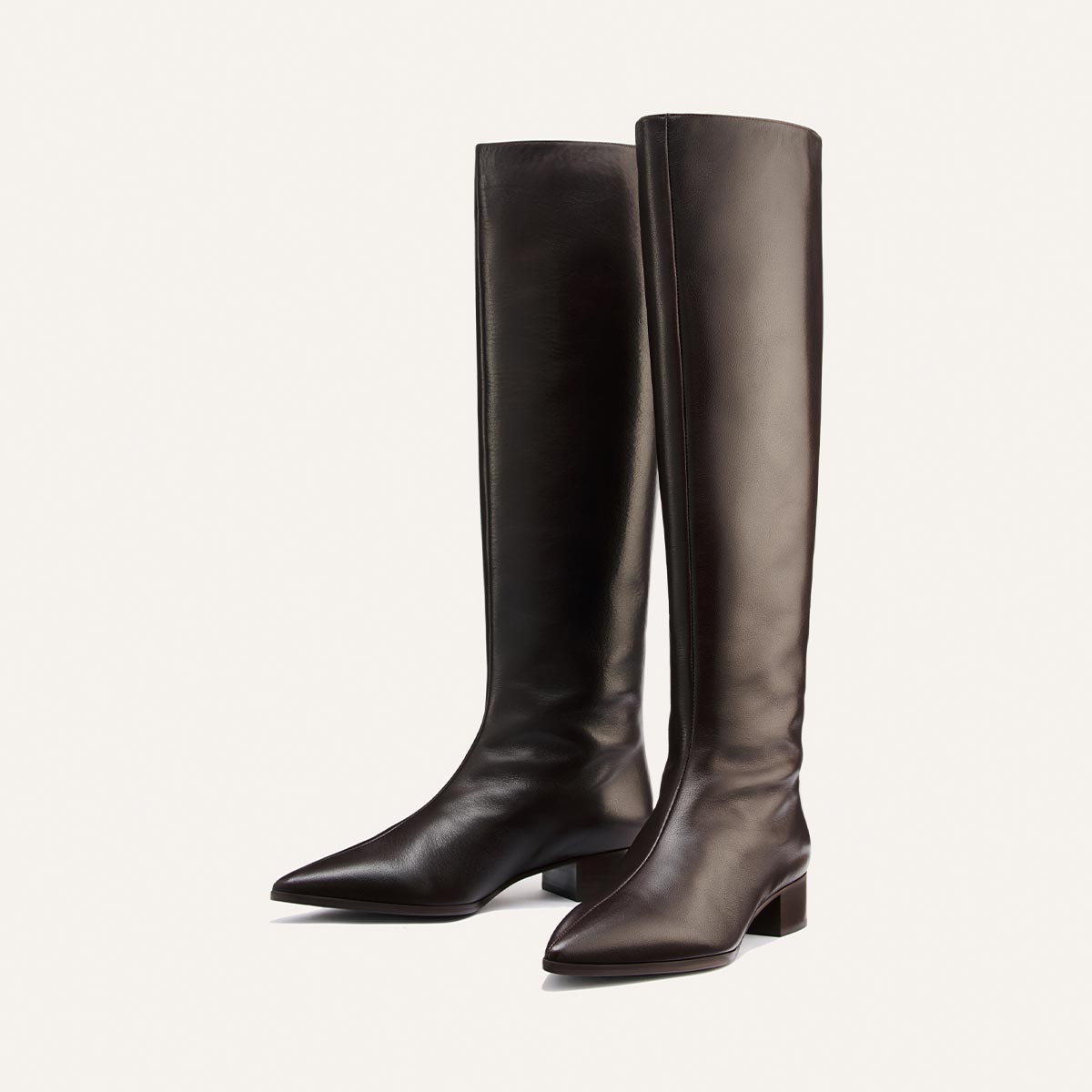 A pair of handmade tall boots crafted from soft dark chocolate calf leather, the Hayes Knee-High Boot by Margaux features pointed toes and low block heels for comfort, displayed against a plain white background.