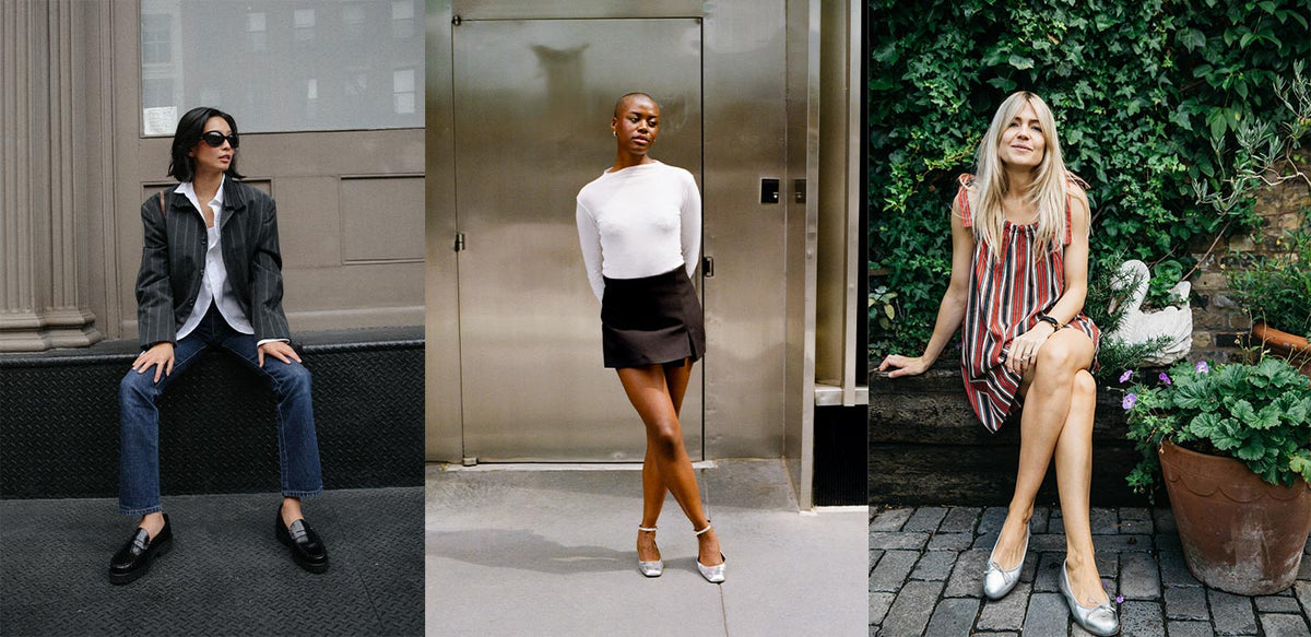 Margaux's Louisa Loafer in Black, Daphne in Silver and Demi in Silver shown styled three ways