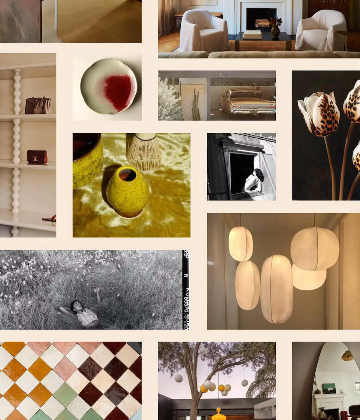 A collage of interior design photos, featuring modern furniture, abstract art, decorative lighting, ceramic bowls, patterned tiles, tulip flowers, and a woman lying in grass, all arranged in a grid on a beige background.